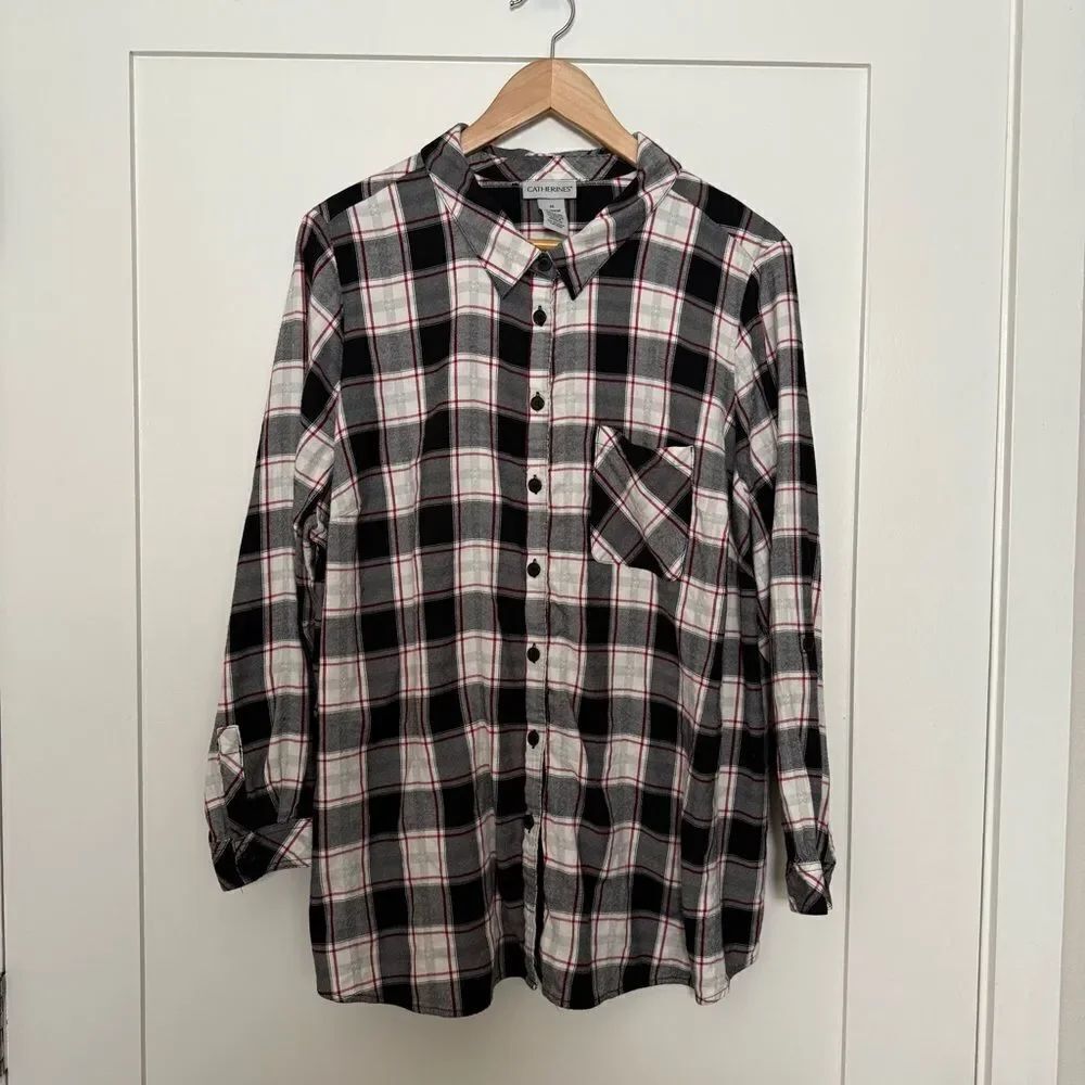Catherines Top Womens Sz 1x Plaid Flannel Button Up Long Sleeve Casual Office